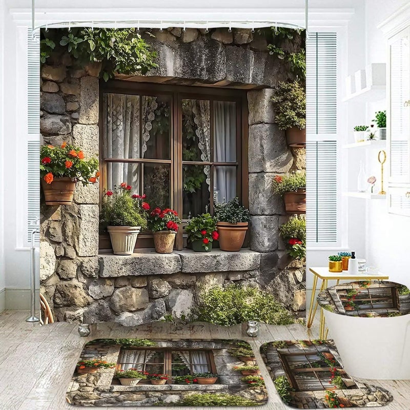DDQQ 4PCS Spring Landscape Shower Curtain Bathroom Set with Rugs, Toilet Lid Cover and Bath Mat, Windowsill Floral Shower Curtain with 12 Hooks, Complete Bathroom Accessories Decor Set - Image 2